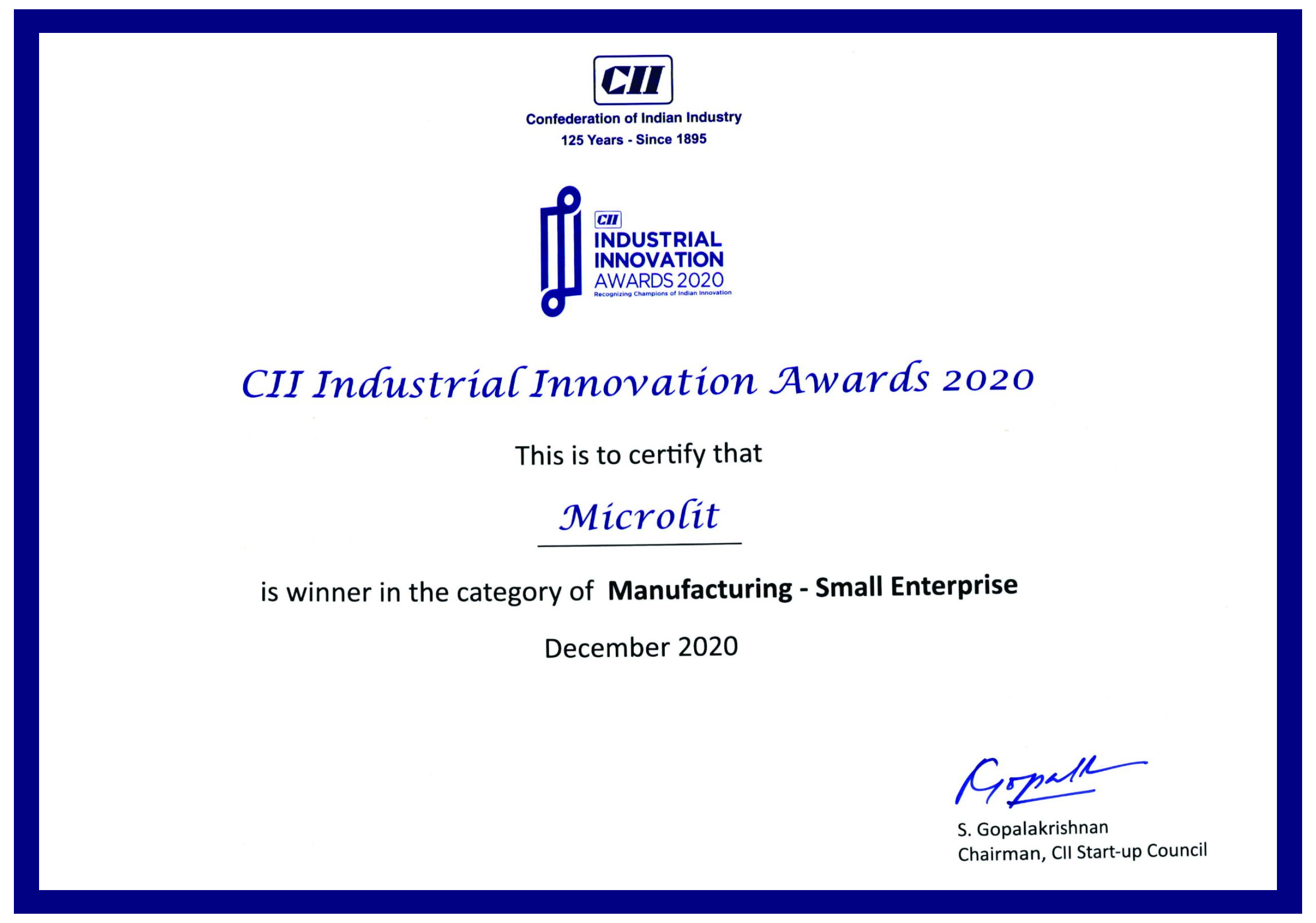 CII Industrial Innovation Awards Manufacturing (SSI) 2020